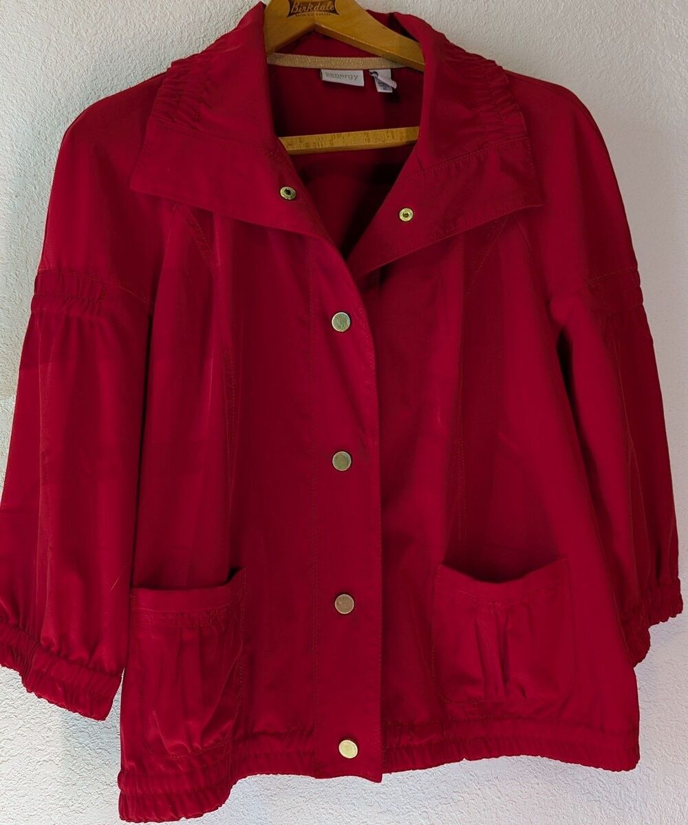 Zenergy By Chicos Women's Jacket Size 2 Snap Front Windbreaker RED Collar (890m